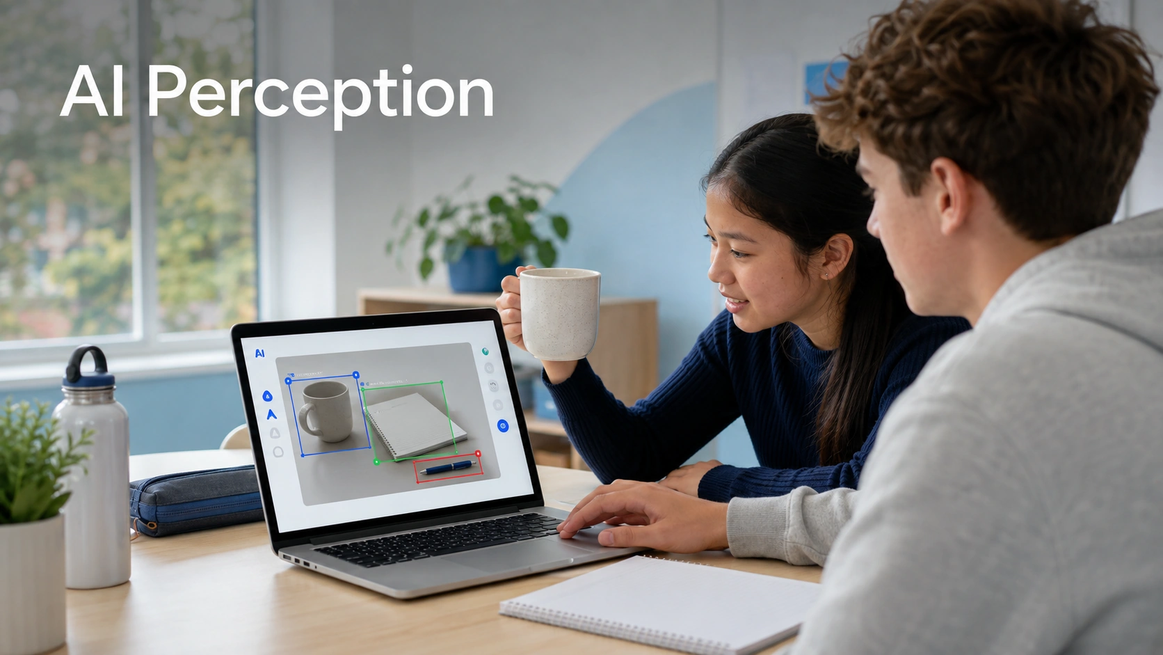 Two students collaborating at a laptop running a computer vision object-detection demo during an Inno AI session