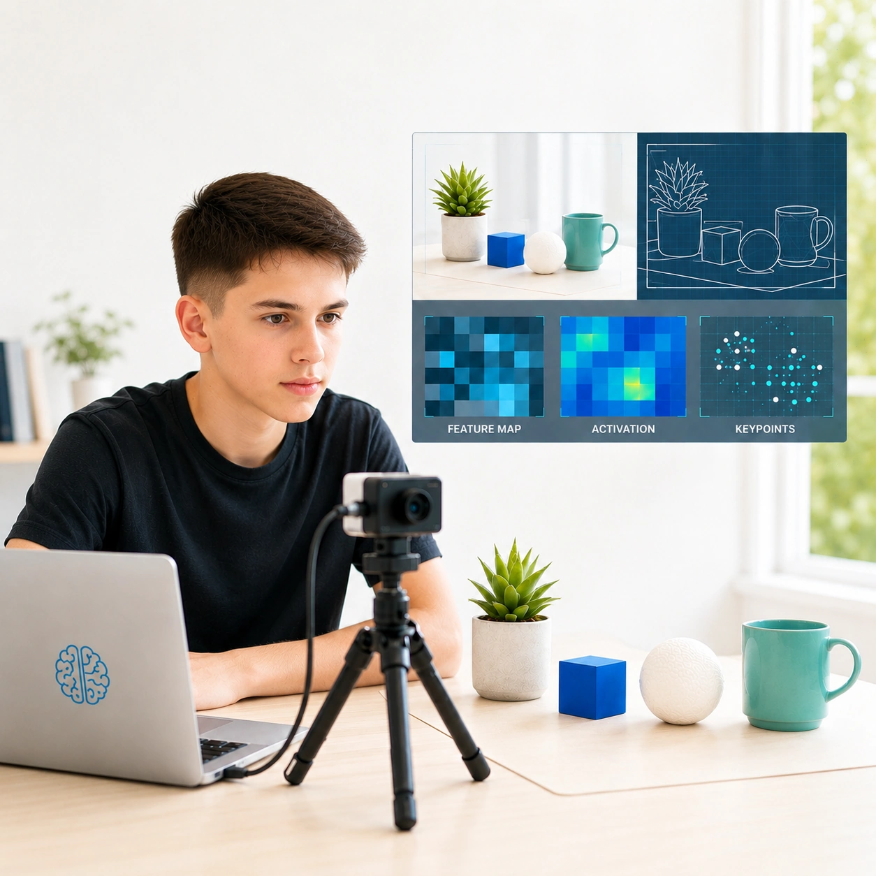 A student uses a laptop and webcam to test a computer vision AI model, with feature map, activation and keypoint overlays