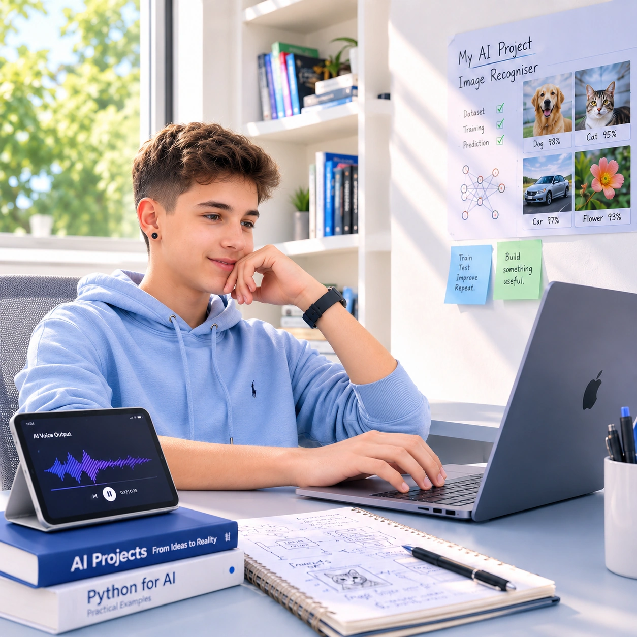 A student at a laptop beside a tablet playing AI voice output, with a project poster showing an image recogniser classifying photos