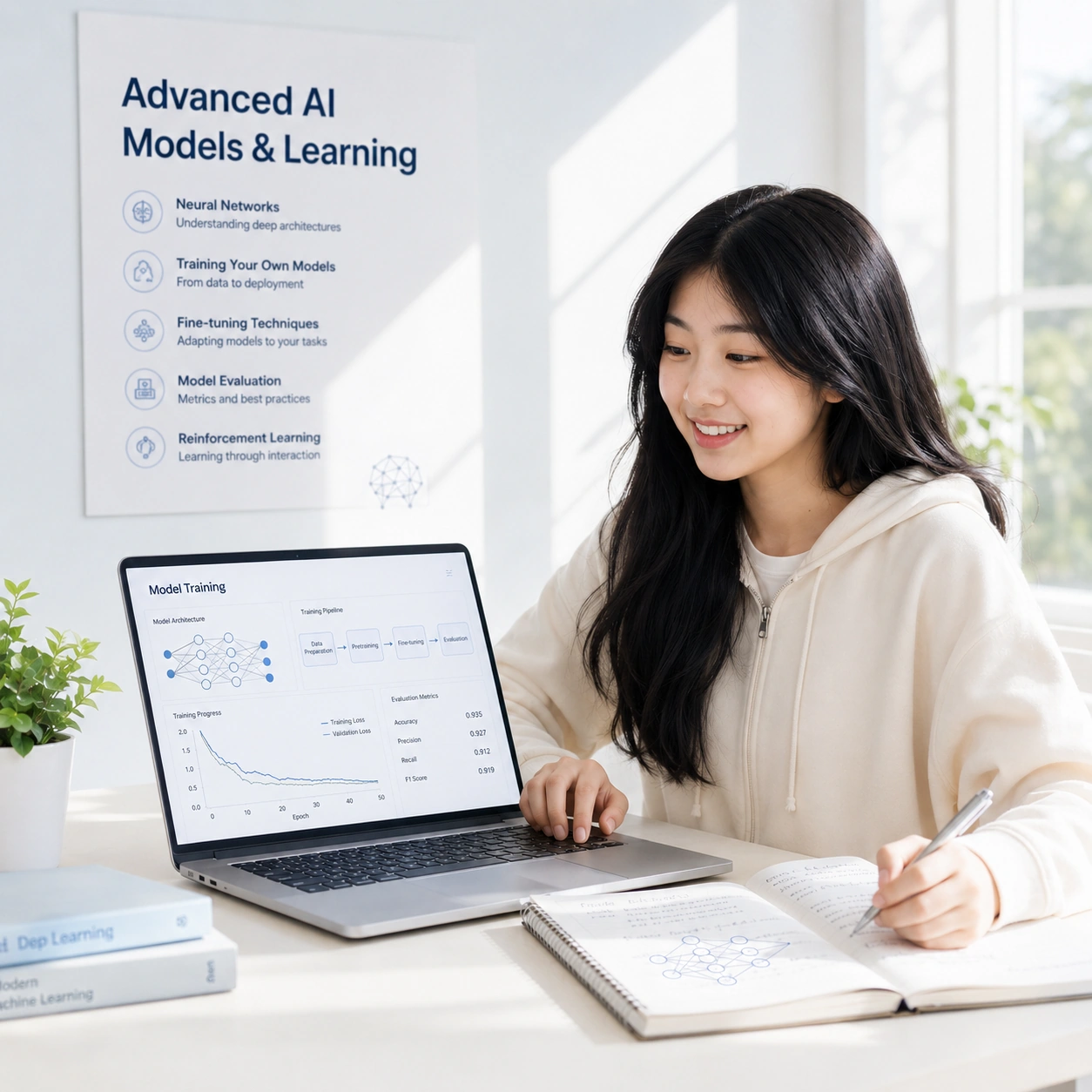 A student at a laptop with a wall poster explaining large language models, tokens and next-token prediction