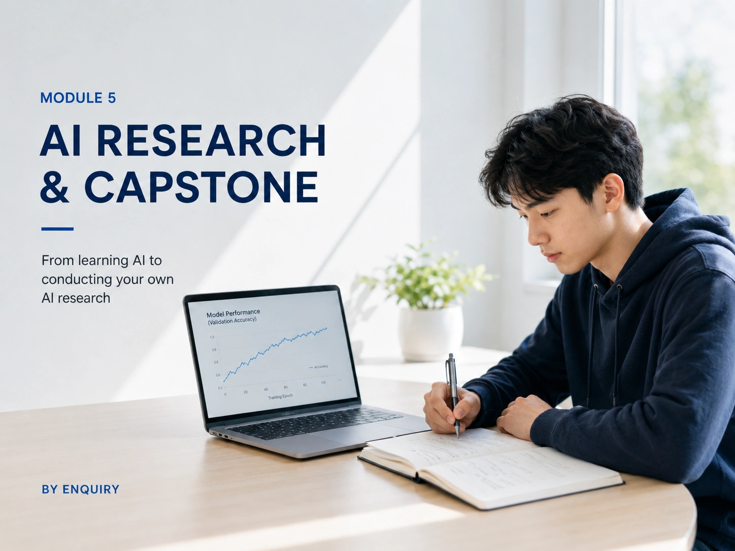 A student presenting an independent AI research project and capstone