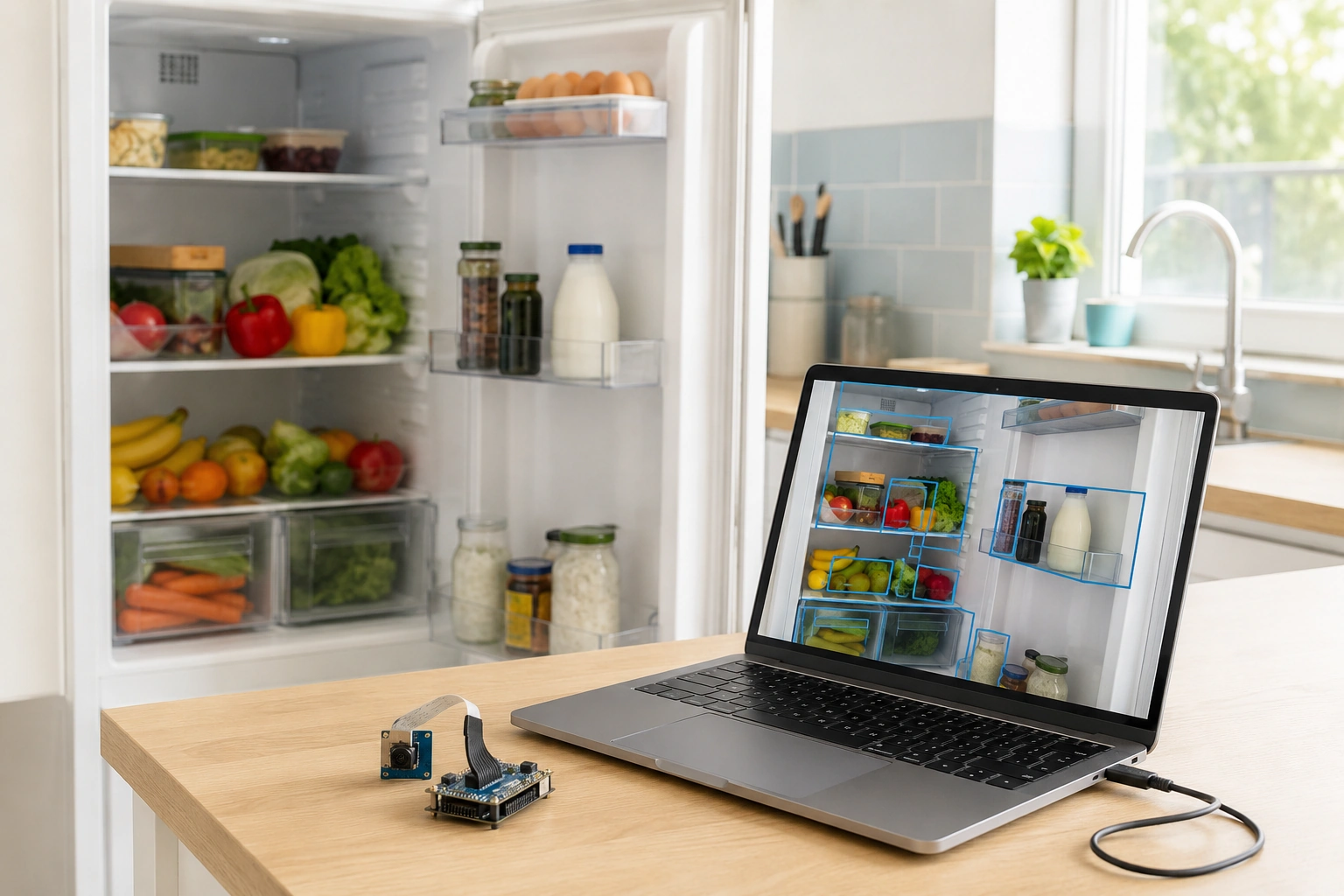 Laptop showing an AI food-detection app scanning items inside an open fridge