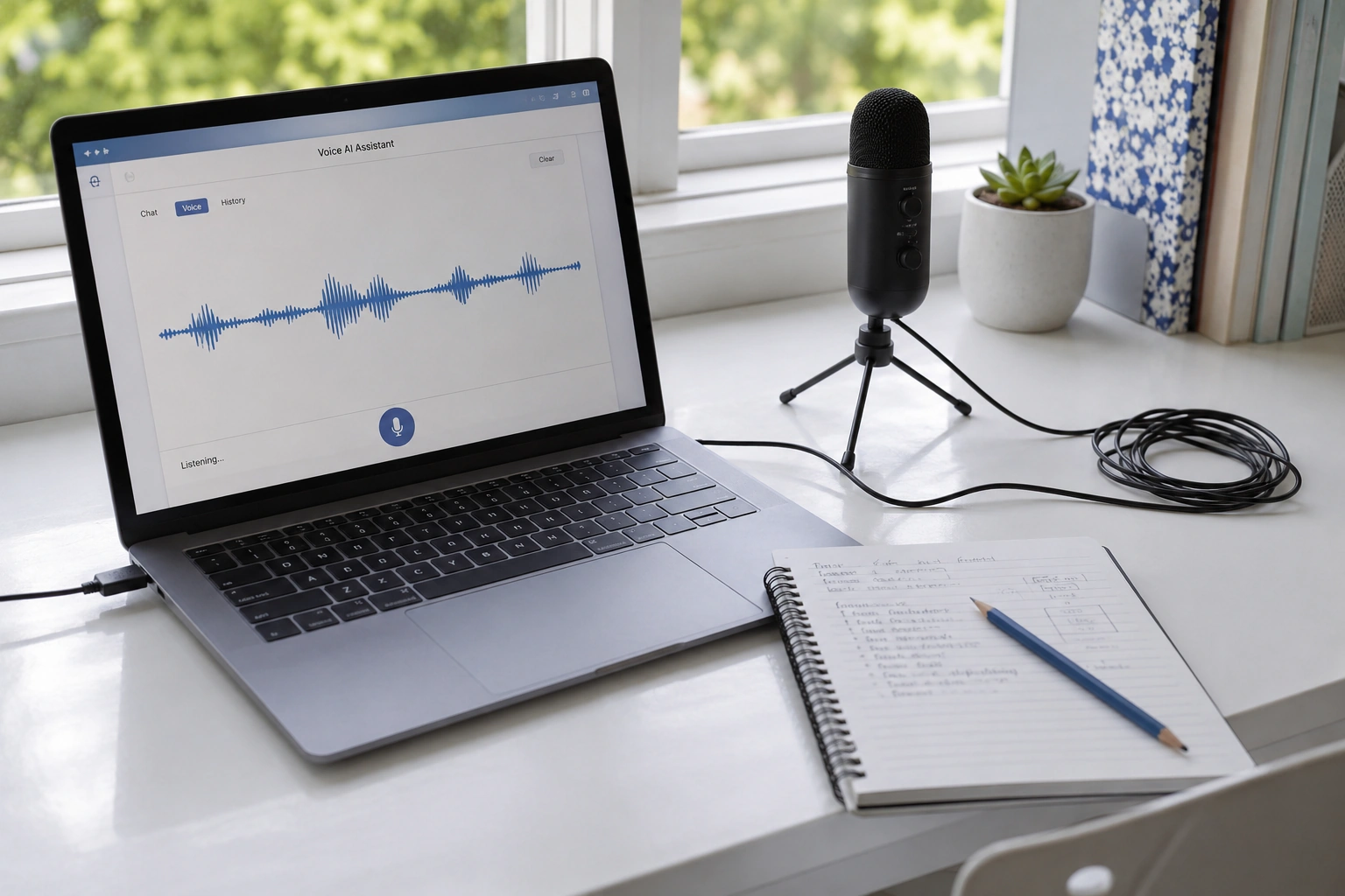 Laptop showing a voice AI app with a live audio waveform, next to a microphone