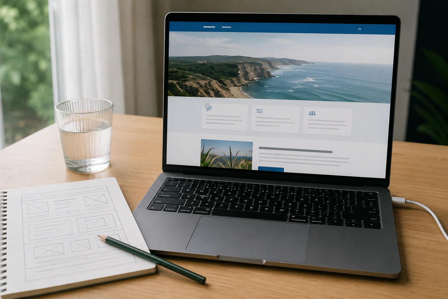 Laptop displaying a live personal website with a coastal photo banner