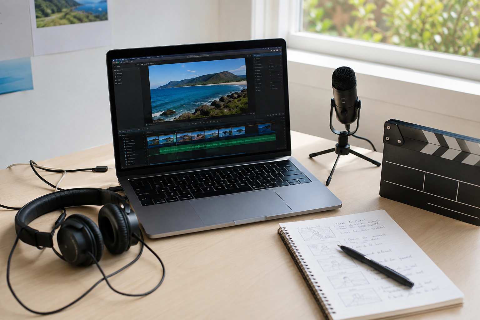 Laptop with video-editing software open, next to a clapperboard and headphones