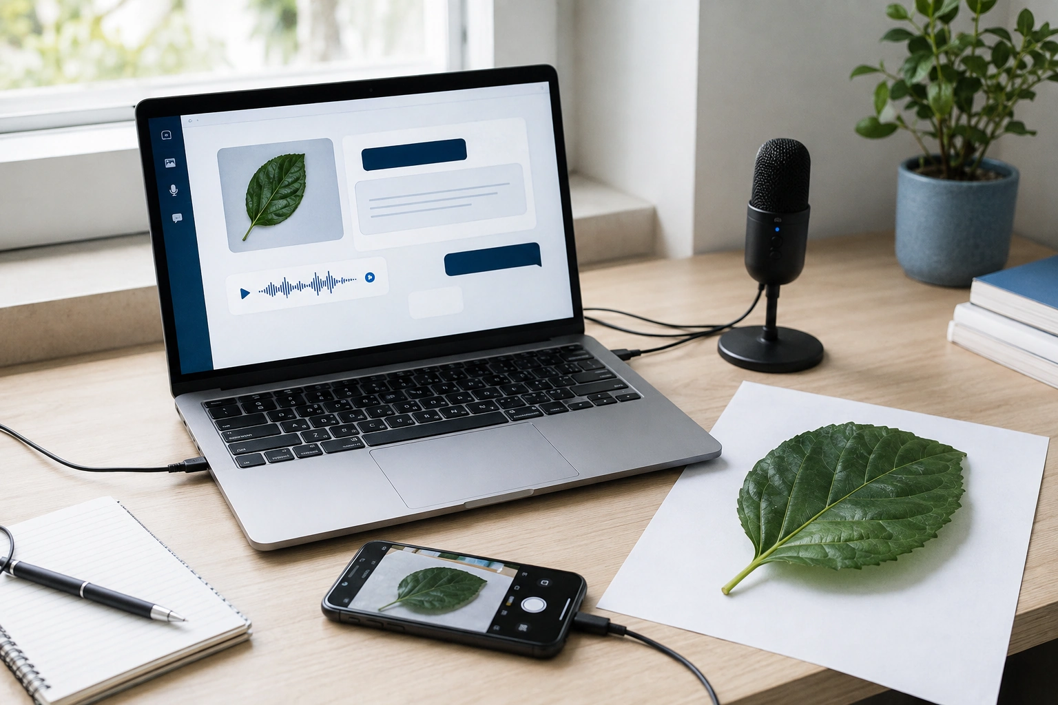 Laptop and phone showing an AI app analysing a photographed leaf